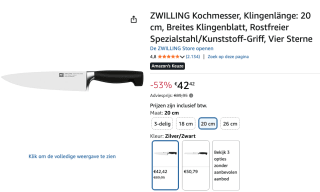 Zwilling - FOUR STAR Chef's Knife - 20 cm voor €42,42 bij Amazon