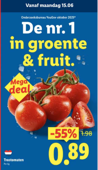 1 Kg trostomaten voor €0,89 met de Lidl plus app