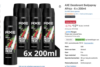 AXE Deodorant Bodyspray Africa - 6 x 200ml voor €17,76 met Amazon prime