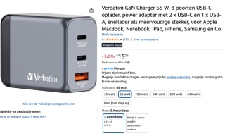 VERBATIM GNC-65 GaN-netlader 3-poorts 65W USB A/C voor €15,25 bij Amazon