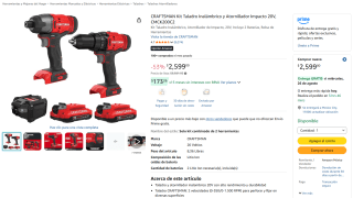 Kit Taladro Inalámbrico y Atornillador Impacto 20V CRAFTSMAN por $2,599 en Amazon