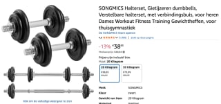 SONGMICS Gietijzeren halterset 20 kg voor €38,85 bij Amazon