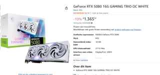 MSI GeForce RTX 5080 16G GAMING TRIO OC WHITE - Videokaart voor €1.365,52 bij Amazon