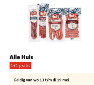 1+1 gratis op Alle Huls worsten bij de Jumbo