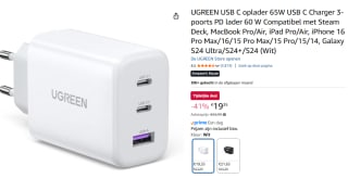 UGREEN USB C oplader 65W USB C Charger 3-poorts voor €19,35 bij Amazon