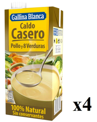 4 Botes de 1L de Caldo de pollo y 8 verduras casero 100% natural sin gluten por 3.8€