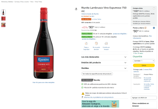 Riunite Lambrusco Vino Espumoso 750 ml por $90 en Amazon