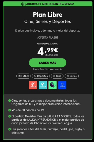 Movistar+ Plan Libre Cine, Series y Deportes por solo 4.99€