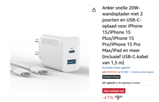 Anker 20W USB-C voedingsadapter, voor snel opladen voor €9,99 bij Amazon