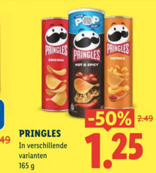 Diverse smaken Pringles voor €1,25 bij de Lidl
