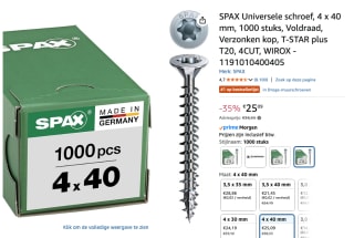 Spax Spaanplaatschroef Verzinkt Torx 4.0 x 40 - 1000 stuks voor €25,09 bij Amazon