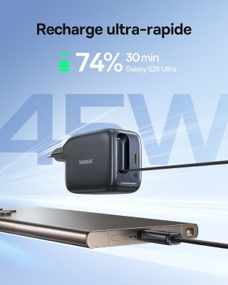 Baseus Enercore chargeur USB‑C 45W avec câble intégré pour 33,98€