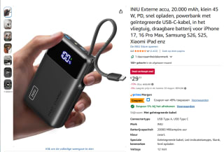 INIU Externe accu, 20.000 mAh, klein 45 W voor €15,18
