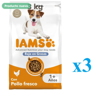 3 x IAMS Pollo Alimento seco para perros adultos 3 kg bajo en grasas por 11.97€