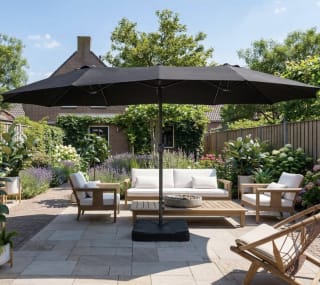 Dubbele parasol inclusief parasolvoet voor €79,95