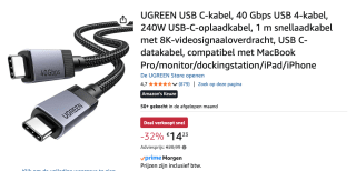 UGREEN USB4 80Gbps Datakabel 1m 16K@60Hz 240W voor €14,23 bij Amazon