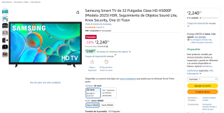 Televisor Samsung Smart TV 32" HD por $2,241 | Oferta Amazon