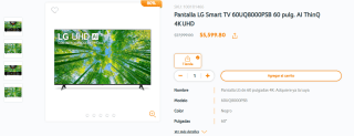 Smart TV LG 60UQ8000PSB 60" AI ThinQ 4K UHD por $5,600 | RadioShack