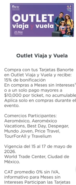 15% de Bonificación en Outlet Viaja y Vuela a MSI | Banorte