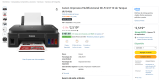 Canon Impresora Multifuncional Wi‑Fi G3110 por $2,519 en Amazon