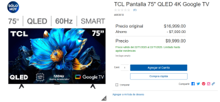 Pantalla TCL Qled 75" por $8,000 | Costco (Citibanamex)