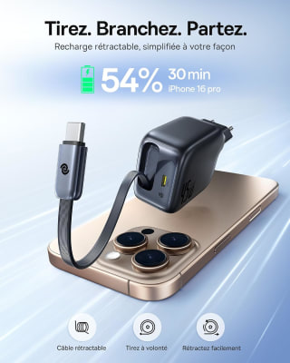 Baseus Enercore chargeur USB‑C 45W avec câble intégré pour 33,98€