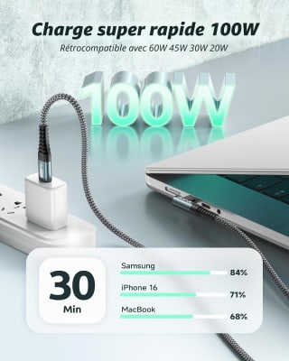 ZKAPOR Câble USB C 2M 100W pour 5,36€ chez Amazon