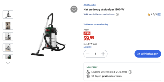Parkside nat en droofstofzuiger (1500watt) voor 59,99 euro