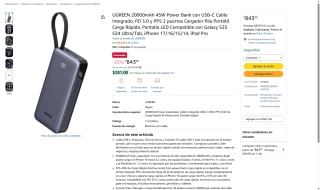 UGREEN Power Bank 20000mAh Negro con USB-C por $843 | Amazon