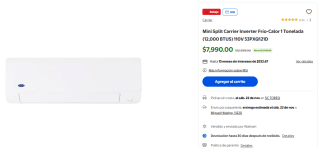 Minisplit Carrier 1 Ton 12,000 BTUS por $6,999 | Oferta Walmart