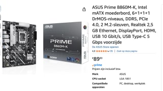 ASUS Prime B860M-K, Intel mATX moederbord voor €89 bij Amazon