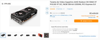 Tarjeta Sapphire AMD RX 9060 XT PULSE XT OC por $7,439 | CyberPuerta