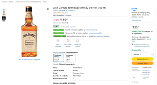 Jack Daniel's Tennessee Honey 700ml por $335 en Amazon