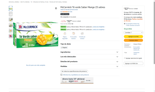McCormick Té Verde Mango 25 Sobres por $33 | Amazon