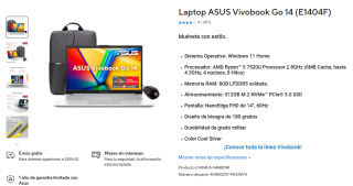 ASUS Vivobook Go 14 Ryzen 5 7520U 8GB 512GB por $7,399