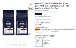 2 Kg Amazon Intenso Koffiebonen, donker geroosterd voor €21,56 bij Amazon