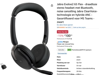 Jabra Evolve2 65 Flex - draadloze stereo headset voor €100,72 bij Amazon