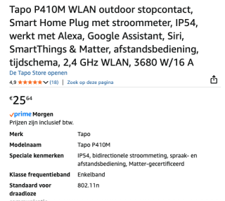 Tapo P410M Slimme Stekker voor buiten (IP54) voor €25,64 bij Amazon