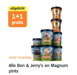 1+1 gratis op Alle Ben & Jerry's en Magnum pints bij de AH