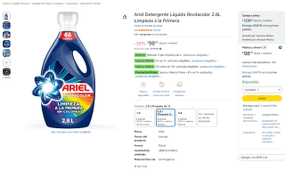 Ariel Detergente Líquido Revitacolor 2.8L por $56 en Amazon