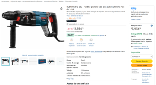 BOSCH GBH2-28L Martillo Giratorio SDS-plus por $3,935 en Amazon