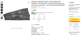 Kit RAM Corsair 16GB 5200MHz por $1,555 | Amazon