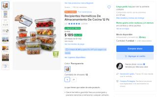 Recipientes herméticos 12 o 24 pz por $198 en Mercado Libre