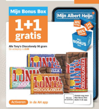 1+1 gratis op alle Tony’s Chocolonely 90 gram bij de AH