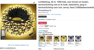 Lichtketting, 50 m, 1000 leds, voor binnen en buiten voor €22 bij Amazon