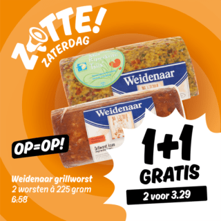 Grillworst 1+1 voor €3,29 bij Poiesz