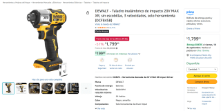 DEWALT Taladro inalámbrico de impacto 20V MAX XR (DCF845B) por $1,799 en Amazon