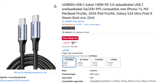 UGREEN USB C-kabel 100W PD 3.0 - 2 meter voor €6,63 bij Amazon