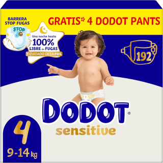 384 pañales Dodot Bebé Sensitive, Talla 4 + 8 Pants de Regalo por 91.34€