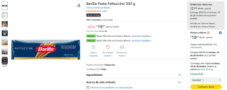 Barilla Pasta Fettuccine 500g por $19 | Amazon